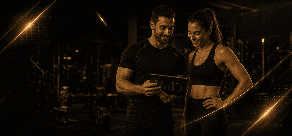 Een coach en sporter bespreken samen de voortgang op een tablet
