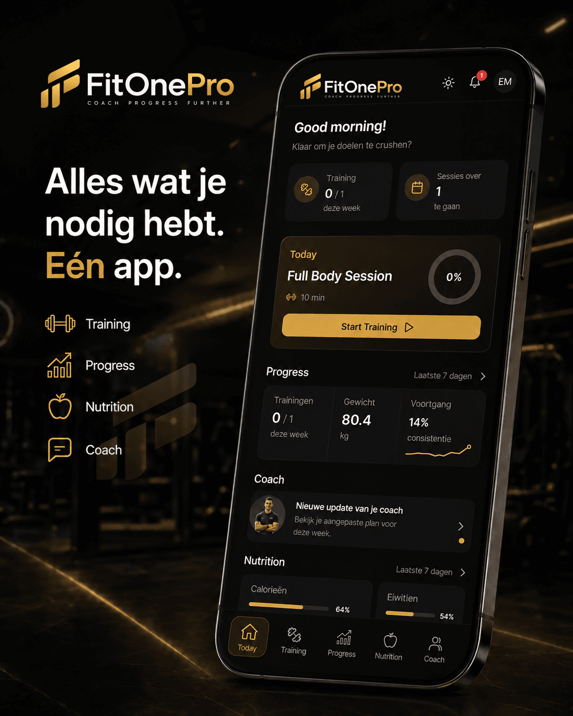 FitOnePro client app met training, voortgang en AI Coaching