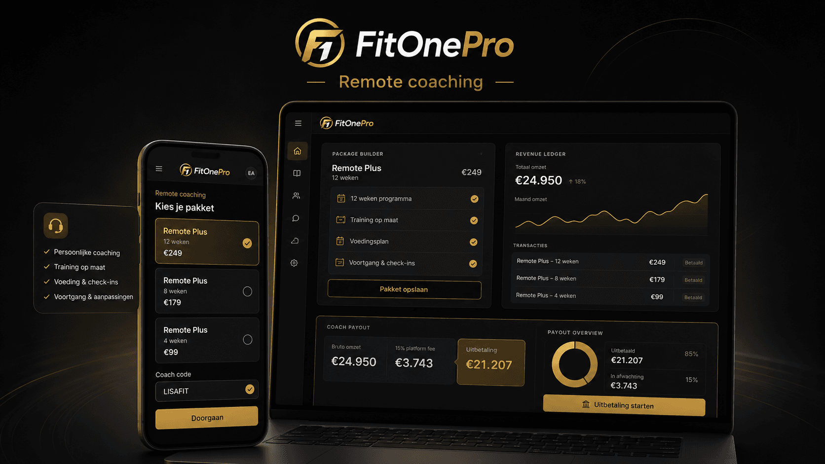 FitOnePro remote coaching flow met pakketten, platform fee en registratie
